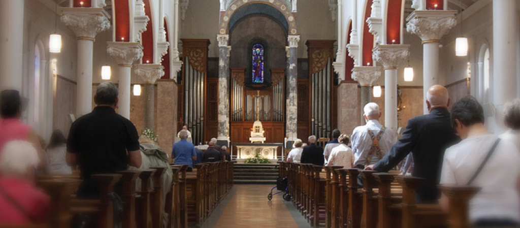 Interior photo of the altar at Whitefriar Street Church in Dublin, Ireland.