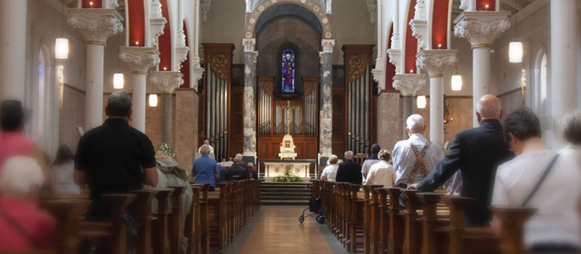 Interior photo of the altar at Whitefriar Street Church in Dublin, Ireland.